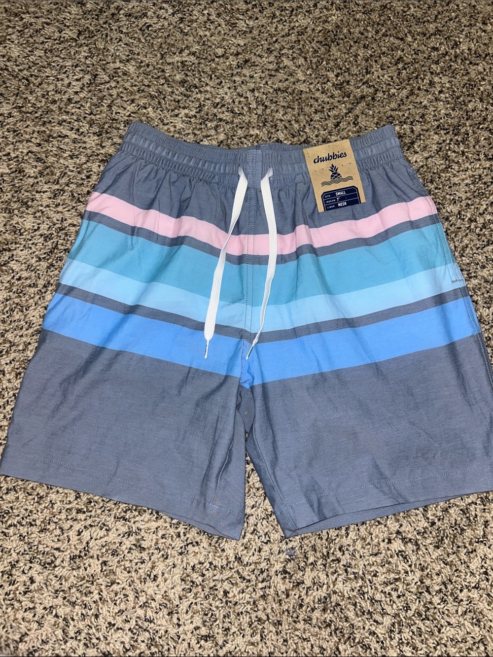 chubbies Navy Swim Shorts with Blue and Pink Stripes
